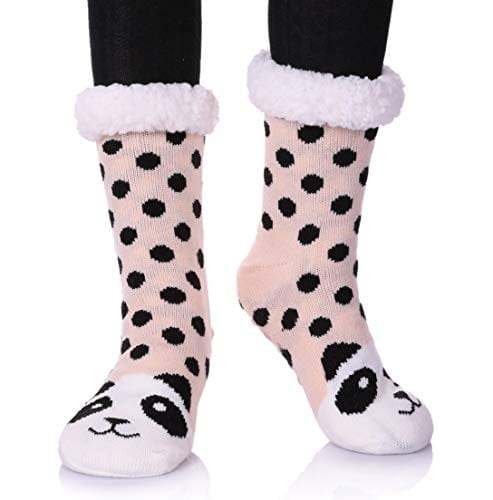 Grey Womens Girls Fuzzy Winter Cartoon Animal Cute Fleece-lined Slipper Socks 