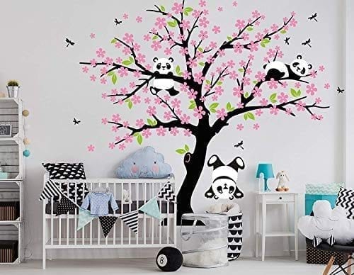 Luckkyy Three Playful Pandas Bear On Cherry Blossom Tree Wall Decal Sticker Nursery And Children S Room Pink Panda Things - Nursery Tree Wall Decal With Shelves
